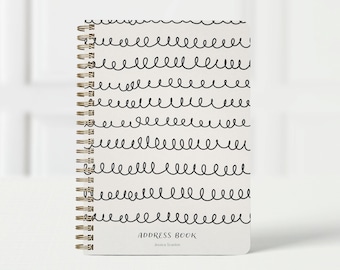 Personalized Address Book, Soft OR Hard Cover Spiral Notebook for Addresses, Custom Email, Phone and Contact List Organizer, Squiggle