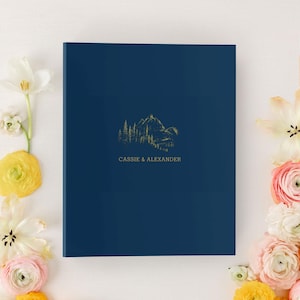 Personalized Wedding Planning Binder, Engagement Gift for Bride, Wedding Organizer & Checklist, Linen Binder with Gold Foil, Mountain Range