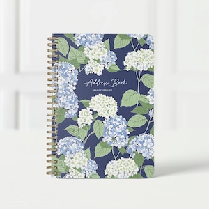 Personalized Address Book, Soft OR Hard Cover Spiral Notebook for Addresses, Custom Contact List and Phone Organizer, Blue & White Hydrangea