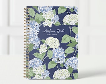 Personalized Address Book, Soft OR Hard Cover Spiral Notebook for Addresses, Custom Contact List and Phone Organizer, Blue & White Hydrangea