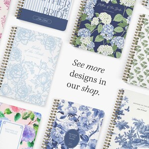 May include: A collection of spiral-bound notebooks featuring various floral and botanical patterns, including blue hydrangeas, peonies, and toile designs, with the text Mother of the Bride and See more designs in our shop printed on the covers.