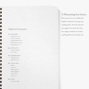 May include: A spiral-bound notebook page featuring a Table of Contents with five sections: Calendar, Checklists, Celebrations, The Big Day, and Notes. The right side lists 5 Planning Sections with worksheets and 22 lined note pages at the back.