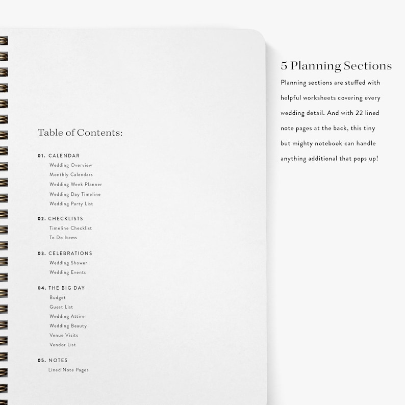 May include: A spiral-bound notebook page featuring a Table of Contents with five sections: Calendar, Checklists, Celebrations, The Big Day, and Notes. The right side lists 5 Planning Sections with worksheets and 22 lined note pages at the back.