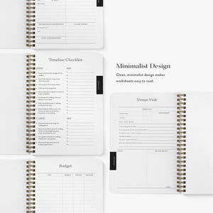 May include: A spiral-bound wedding planner with white pages featuring black text and lines. Sections include Timeline Checklist, Venue Visit, and Budget. The text Minimalist Design Clean, minimalist design makes worksheets easy to read is visible.