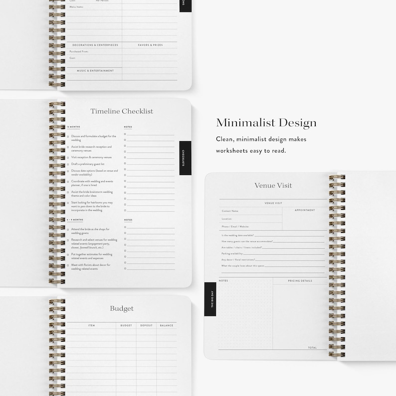 May include: A spiral-bound wedding planner with white pages featuring black text and lines. Sections include Timeline Checklist, Venue Visit, and Budget. The text Minimalist Design Clean, minimalist design makes worksheets easy to read is visible.