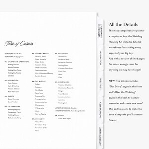 K&ouml;nnte beinhalten: Ein Hochzeitsplaner mit Inhaltsverzeichnis und detaillierten Arbeitsbl&auml;ttern. Der Planer enth&auml;lt Abschnitte f&uuml;r Kalender, Checklisten, Inspiration, G&auml;ste, Feiern, Kleidung, Sch&ouml;nheit, Empfang, Flitterwochen und Notizen. Der Text lautet "All the Details".