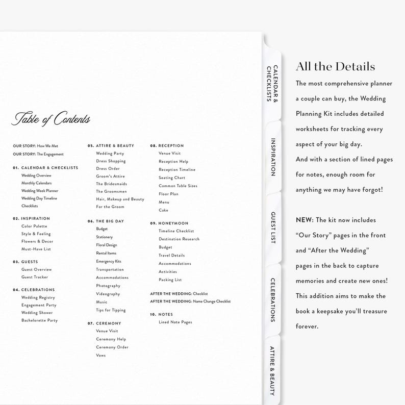 K&ouml;nnte beinhalten: Ein Hochzeitsplaner mit Inhaltsverzeichnis und detaillierten Arbeitsbl&auml;ttern. Der Planer enth&auml;lt Abschnitte f&uuml;r Kalender, Checklisten, Inspiration, G&auml;ste, Feiern, Kleidung, Sch&ouml;nheit, Empfang, Flitterwochen und Notizen. Der Text lautet "All the Details".