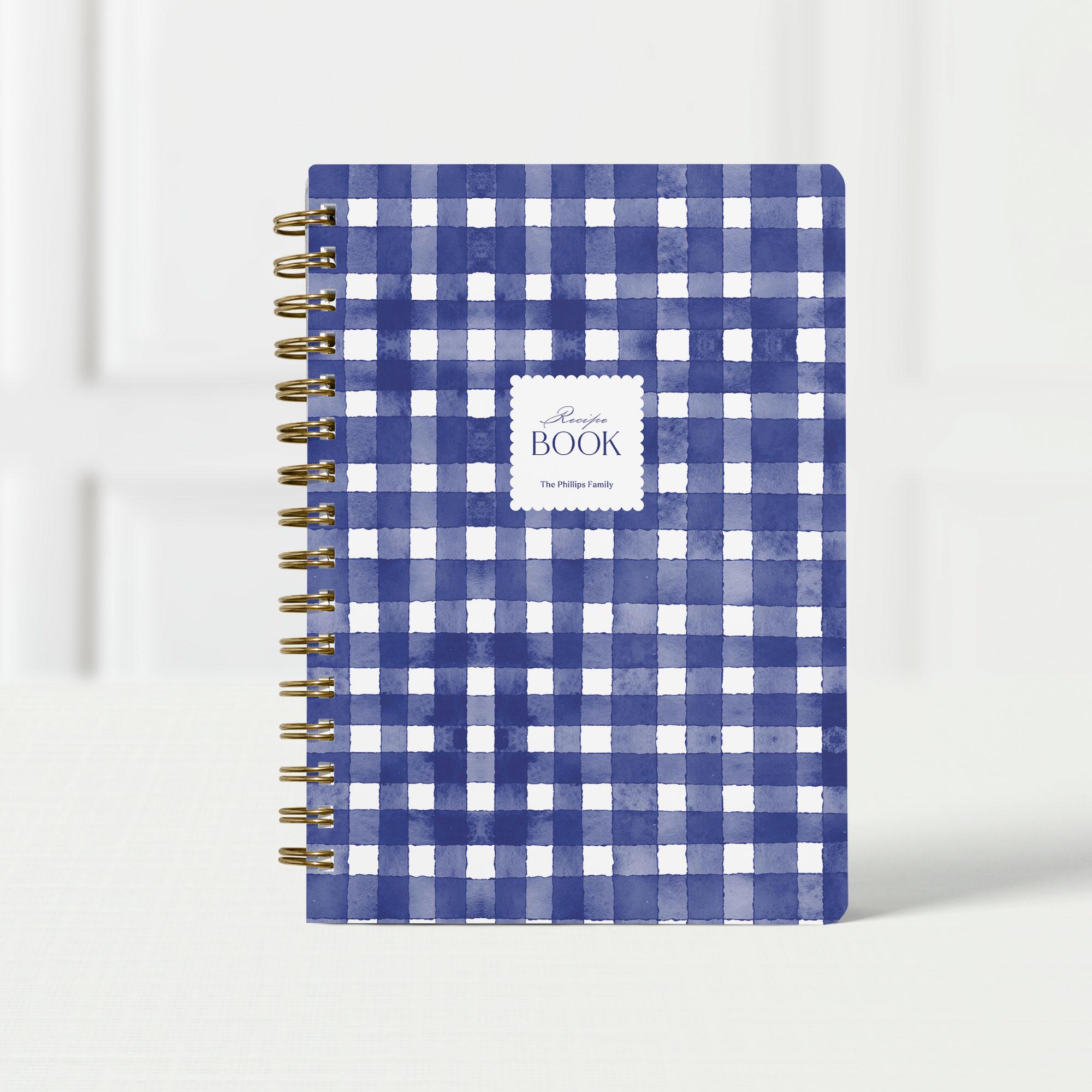 Recipe Book, Personalized Cooking Journal with 130 Entries, Custom Spiral Notebook for Kitchen Organization, Blue & White Gingham