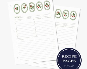 Páginas de recambio para carpeta de recetas de fresa, insertos de recetas botánicas, páginas de recetas a doble cara, perforadas con 3 agujeros o sin perforar, diseño de fresa Cameo