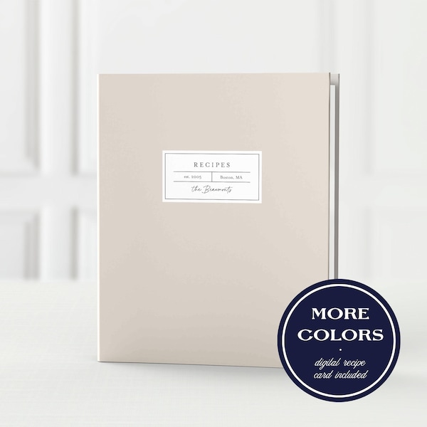 Custom Recipe Binder, Personalized 3-Ring Binder w/ Digital Recipe Cards for Kitchen Storage & Organization, Keepsake Cookbook, Modern Label