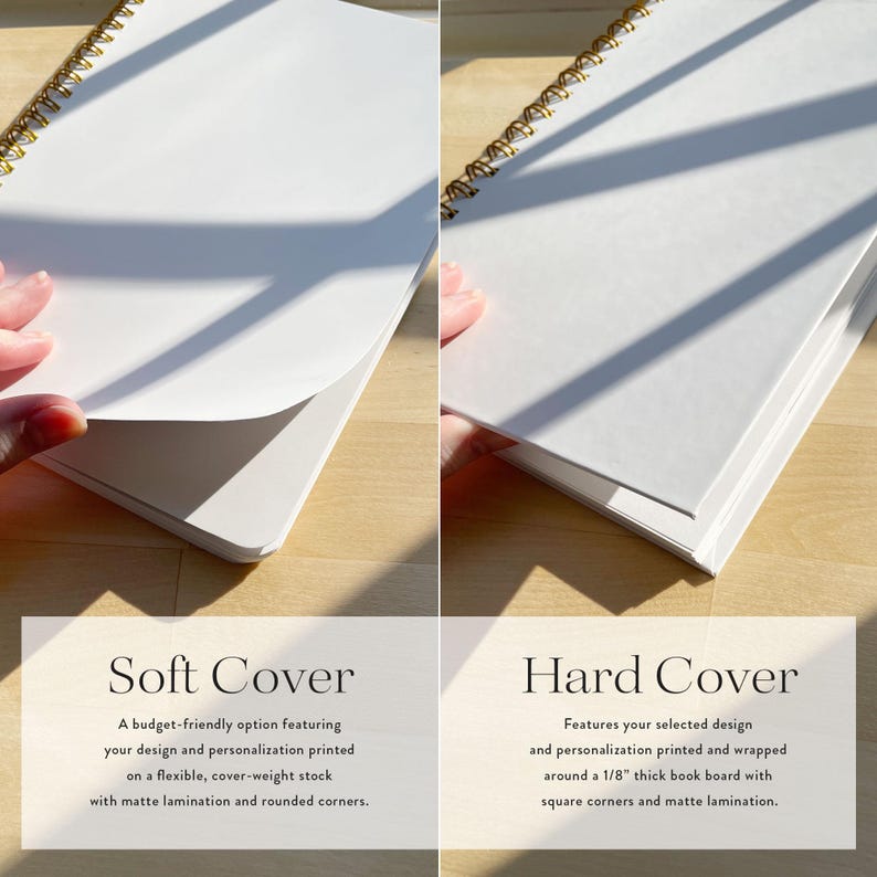 May include: A comparison of two spiral-bound notebooks with gold wire binding. The left notebook features a flexible soft cover with rounded corners, while the right notebook features a rigid hard cover with square corners and a 1/8 inch thick board.