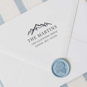 Personalized Return Address Stamp, Custom Rubber Stamp for Wedding Invite Envelopes & Save the Dates, Wood Handle or Self-Inking, Mountain