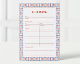 Bloc de notas personalizado para proyectos de bordado, bloc de seguimiento de puntadas de corazón de herencia, planificador de proyectos de bordado en curso.