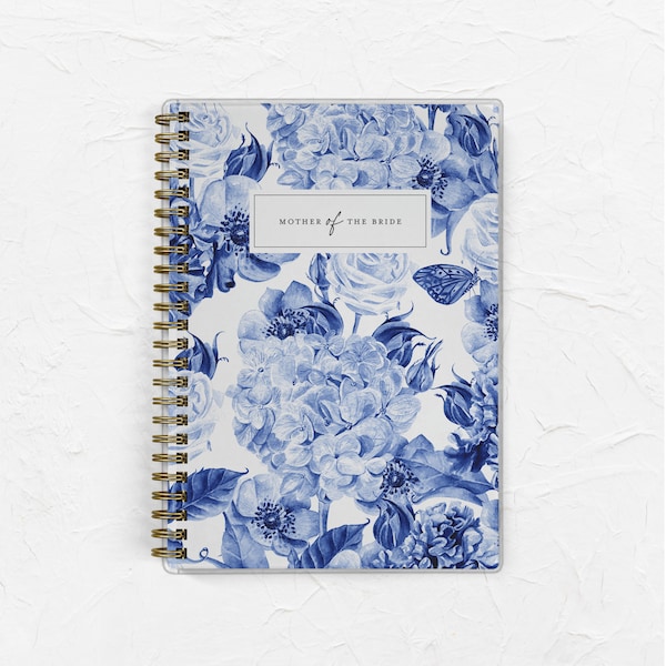 Mother of the Bride Planner, Wedding Organizer and Checklist, Gift for Mom, 6x9 Planner Book, Blue Toile Hydrangea