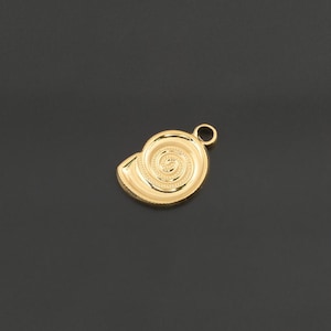 Può includere: Un piccolo ciondolo in metallo color oro a forma di conchiglia nautilus. Il ciondolo presenta un design a spirale con una superficie lucida e riflettente e un anellino circolare fissato sulla parte superiore, su uno sfondo grigio scuro.