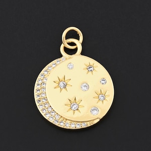 Radiant Moon Disc Pendant in 18K Gold Filled with CZ Stars, Astrological Jewelry DIY Component 17.9mm