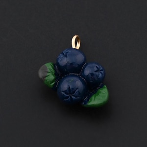 Juicy Blueberry Bunch Pendant with Green Leaf Accents and 18K Gold Filled Bail for DIY Crafts 14.3x14.8mm