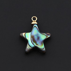 May include: A star-shaped pendant with iridescent blue, green, and brown tones. The pendant has a gold-colored loop at the top for hanging. The background is a solid black.