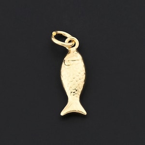 May include: A small, gold-colored fish charm with a textured surface. The charm has a loop at the top for attaching to a necklace or bracelet. The fish has a simple, stylized design, with a curved body and a small tail.