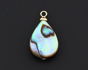 Polished Teardrop Shell Pendant with Vibrant Abalone Texture and Gold Hook for Artisan Jewelry 9.3x16.3mm