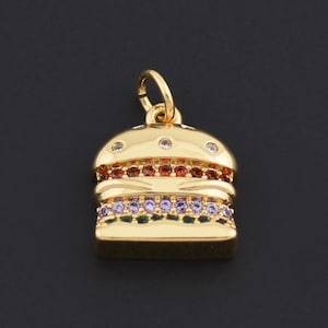 Kawaii Style 18K Gold Filled Burger Charm with Sparkling Rainbow Zircon for Unique Handmade Necklaces 14.5x12.5mm