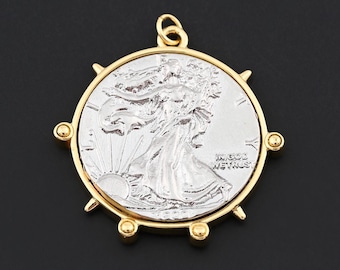 Classic Round Coin Pendant with Dual-Side Details in 18K Gold Filled Frame for Vintage-Inspired Jewelry 34.9x35.2mm