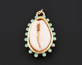 Einzigartiger Muschel Anhänger mit Echter Kauri und Türkis Emaille Ohrstecker in 18K Gold Filled Rahmen 18x38.3 mm