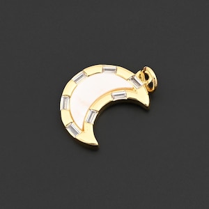 Chic Crescent Moon Pendant with White Shell and Zircon Frame 18K Gold Plated Charm for Trendy Jewelry 14x20mm