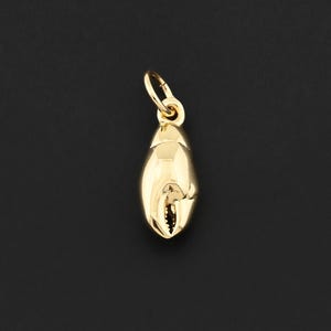 May include: A gold-colored charm in the shape of a crab claw, with a small loop at the top for attaching to a necklace or bracelet. The claw is detailed with small ridges and a sharp, pointed tip. The charm is set against a black background.