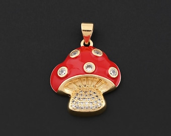 Charm champignon rouge en émail avec finition or 18 carats et pierres CZ scintillantes pour projets d'artisanat DIY 20 x 23 mm