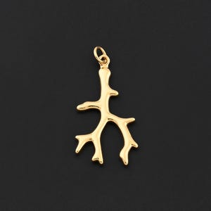May include: A gold-coloured coral charm pendant with a small loop at the top for attaching to a chain or bracelet. The pendant has a branching, organic shape, and is set against a black background.