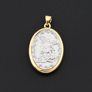 18K Gold Filled Frame Archangel Michael Medal Featuring Sword and Demon in Silver for Catholic Crafting 19.7x30.6mm