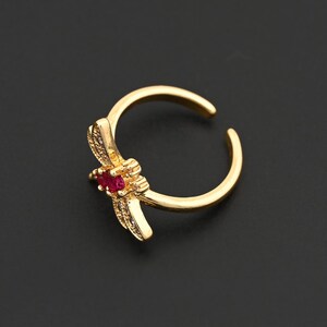 Majestic Dragonfly Open Ring with Crimson Zircon Center 18K Gold Plating for Luxe Daywear Accent 15x20mm