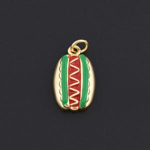 Playful 18K Gold Filled Snack Pendant in Hot Dog Shape with Red Ketchup and Green Relish Details 20x11.5mm
