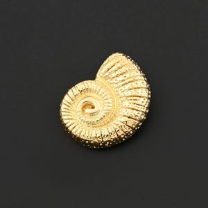 Puede incluir: Un caparazón de mar dorado en forma de espiral, probablemente un broche o colgante, sobre un fondo oscuro. El caparazón tiene una superficie texturizada con crestas detalladas y pequeños puntos, que reflejan la luz. El diseño recuerda a una concha de nautilus.