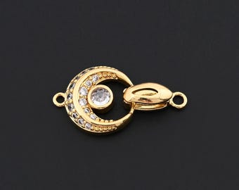 Crescent Moon Clasp with Center Crystal in 18K Gold Filled for Unique Bracelet or Necklace Closures 14.5x17mm