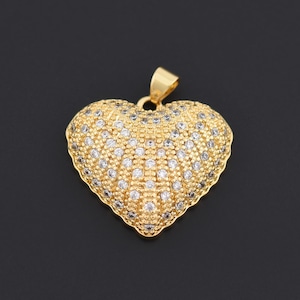 Stunning 18K Gold Filled Puffy Heart Pendant with Full CZ Inlay and Elegant Textured Edging 25.5x24mm