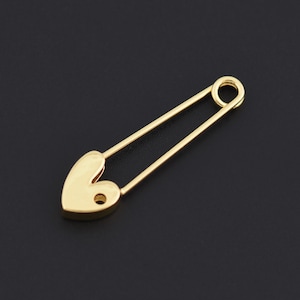 Unique 18K Gold Filled Safety Pin Pendant with Heart Accent, Ideal for Handmade Jewelry Creations 34.5x9.5mm