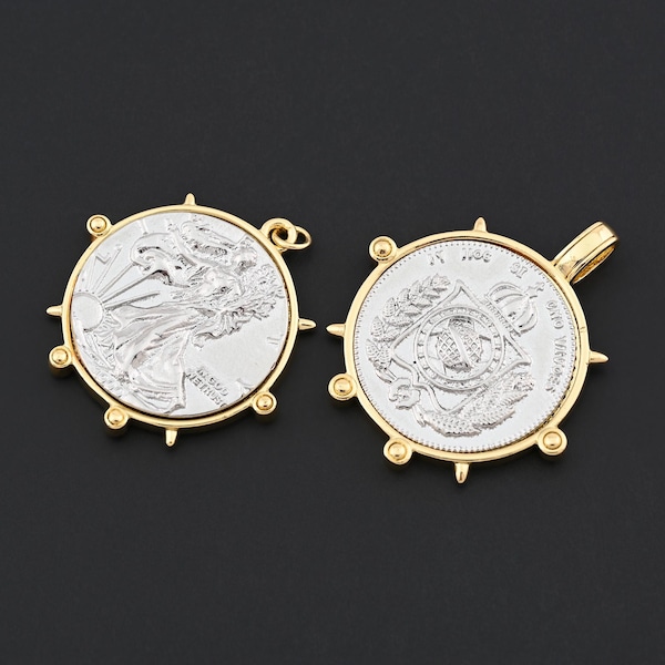 Classic Round Coin Pendant with Dual-Side Details in 18K Gold Filled Frame for Vintage-Inspired Jewelry 34.9x35.2mm