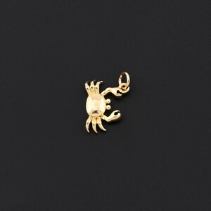 Puede incluir: Un dije de cangrejo dorado con un peque&ntilde;o lazo para sujetarlo a un collar o pulsera. El cangrejo tiene un cuerpo facetado y pinzas y patas detalladas. El dije est&aacute; sobre un fondo negro.