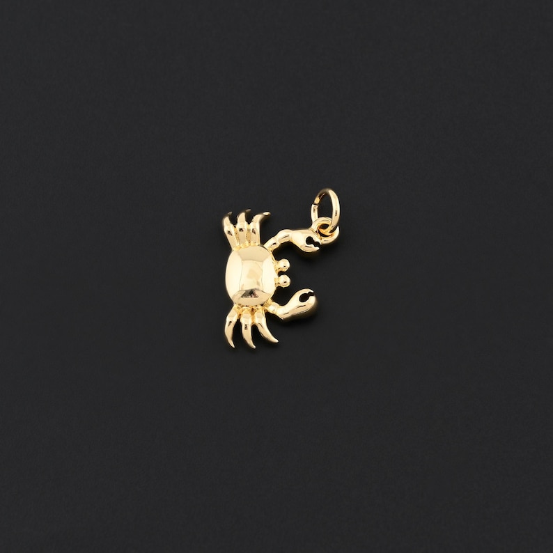 Puede incluir: Un dije de cangrejo dorado con un peque&ntilde;o lazo para sujetarlo a un collar o pulsera. El cangrejo tiene un cuerpo facetado y pinzas y patas detalladas. El dije est&aacute; sobre un fondo negro.