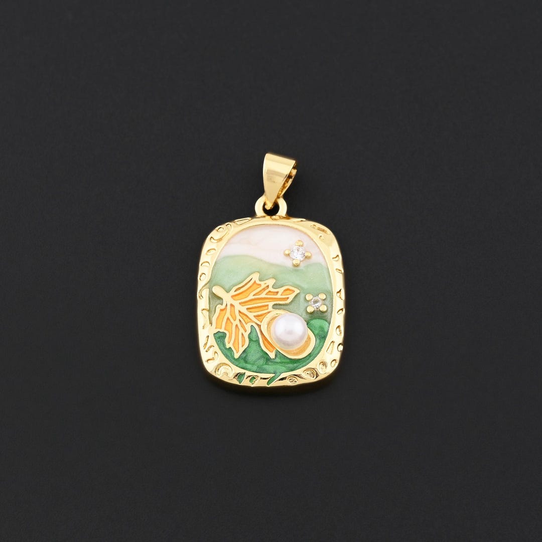 Pattern Pendent Fall Inspired Pendant With Leaf Pattern and White Pearl Set in ...