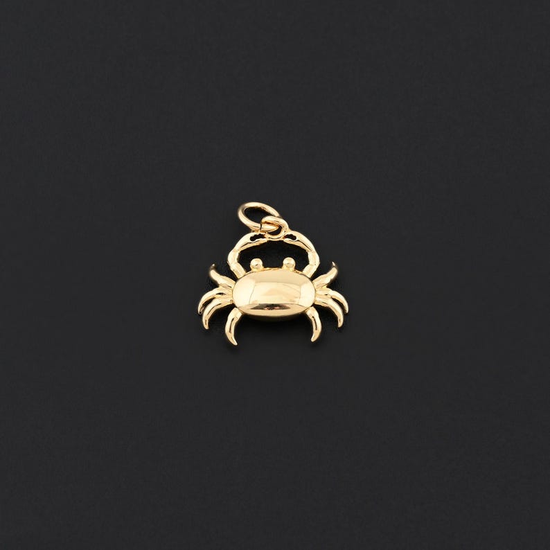 May include: A gold-colored crab charm with a loop for attaching to a necklace or bracelet. The crab has a smooth, polished surface and detailed claws and eyes. The charm is set against a black background.