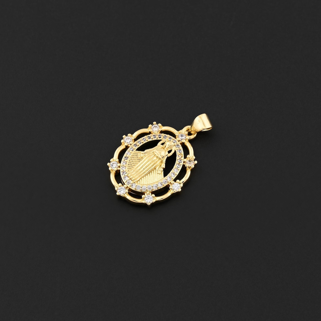 Virgin Mary Pendant 18K Gold Filled With Floral Frame and Crystal Halo ...