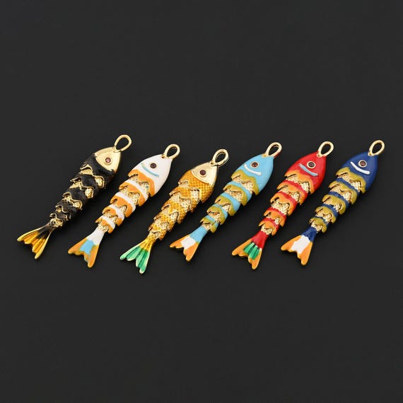 Detailed Enamel Articulated Fish Pendant in Multicolor for DIY Necklace Bracelet and Handmade Gifts