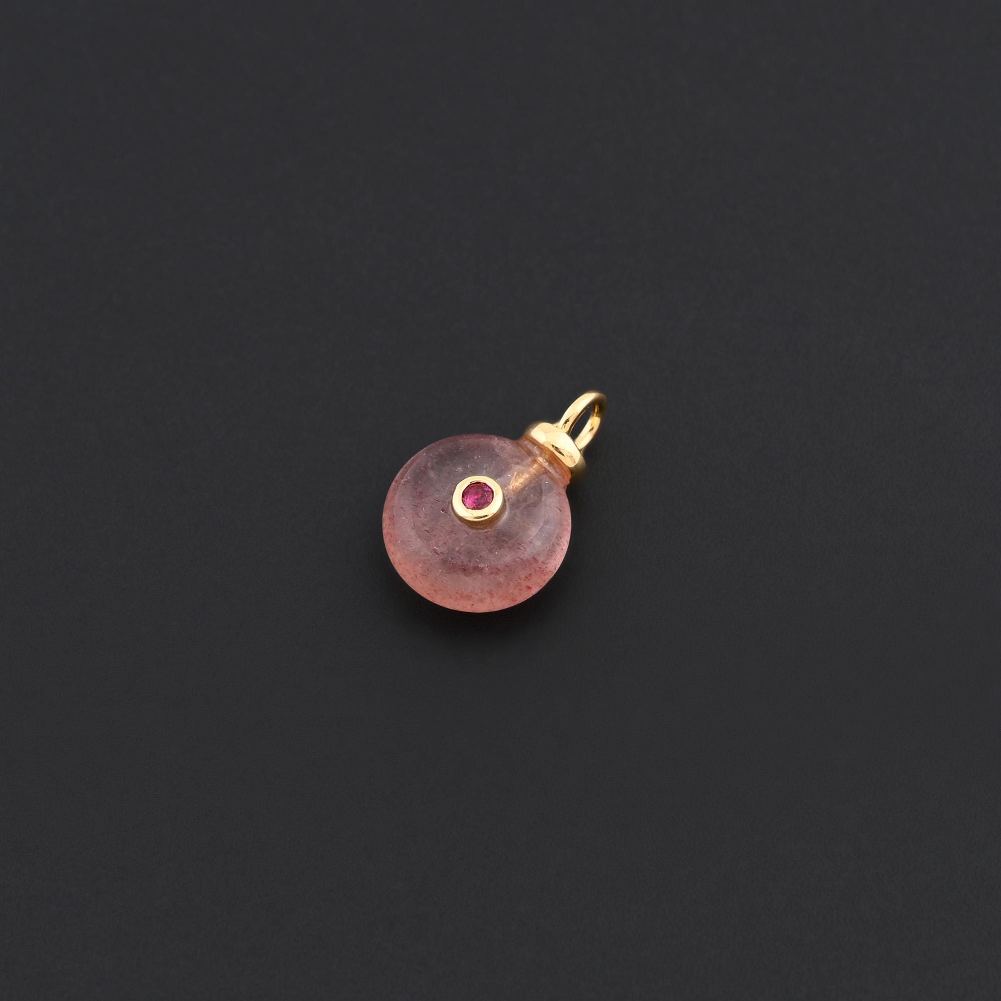Round Strawberry Quartz Pendant with Pink Inlay and Gold-Plated Loop for Handmade Jewelry Designs 15x10.2mm