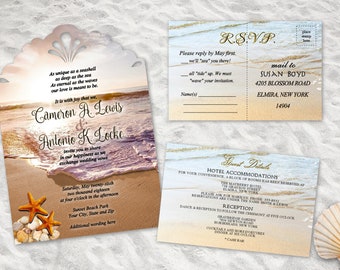 Beach Wedding Invitations Ocean Theme Destination Wedding Invites Favors Beach Decorations RSVP Cards and Guest Cards Set of 50 Die Cut