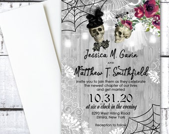 Halloween Wedding Invitations Skull Day of the Dead Gothic Wedding Goth Invites Skeleton