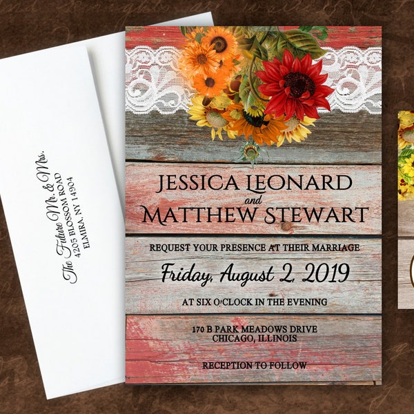 Sunflower Orange and Red Fall Theme Lace Printed Wedding Invitations With Response Rsvp Cards