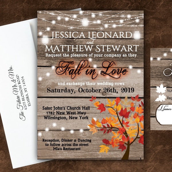 Wedding Invitations Fall Rustic with Response Cards for Wedding, Reception, or Bridal Shower Personalized Printed